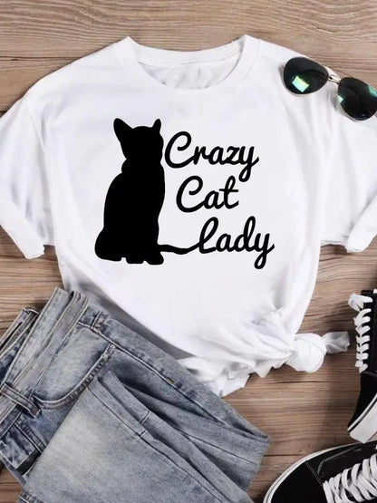 Cartoon Short Sleeve Fashion Print T Shirt Summer Women Female Cat Book Lovely Style New Casual Top Tshirts Graphic Tee T-Shirt