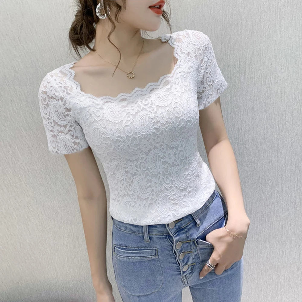 Blouse Women Persian Pattern Lace T Shirt Stretch Knitted Turtleneck Short Sleeve S-2XL Size Tops Fashion Female Blouses Shirt