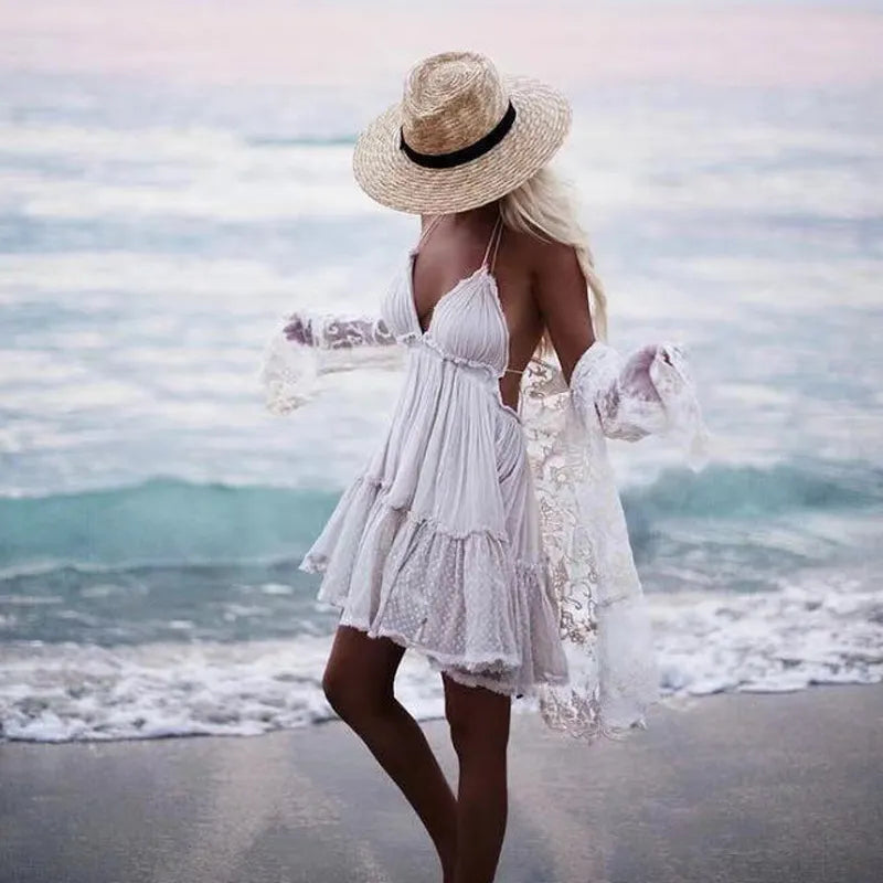 Summer Halter Boho Dress 2023 VERGOODR Women Lace Up Backless Beach Sundress Sexy Ball Gown Hippie Bohemian Tube Dresses Robe