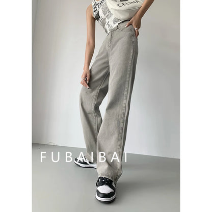 Grey Womens Jeans High Waist Vintage Straight Baggy Denim Pants Streetwear American Style Fashion Casual Wide Leg Denim Trouser