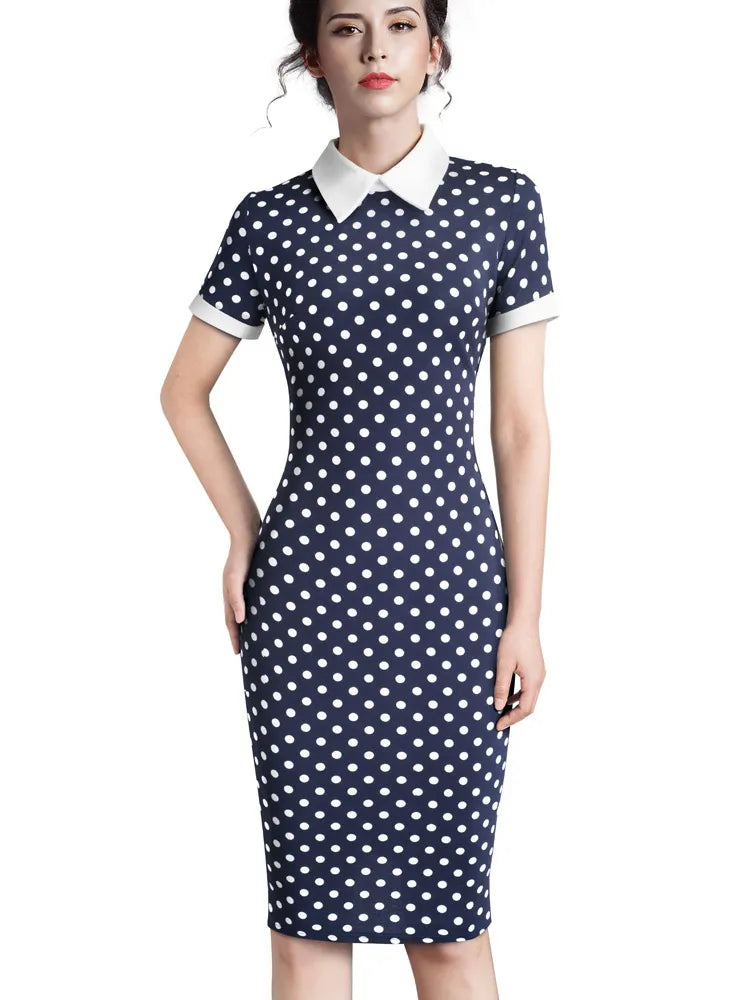 Nice-forever Career Women Autumn Turn-down Collar Fit Work Dress Vintage Elegant Business office Pencil bodycon Midi Dress 751