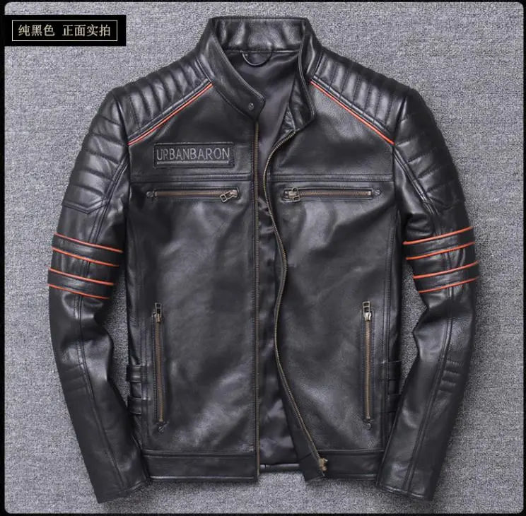 Brand skull cowhide coat.Y2K black slim genuine leather jacket,Rider leather cloth.Chaqueta de cuero esqueleto