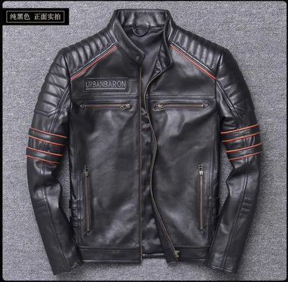Brand skull cowhide coat.Y2K black slim genuine leather jacket,Rider leather cloth.Chaqueta de cuero esqueleto