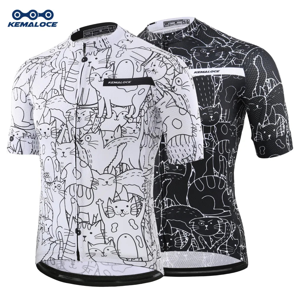 KEMALOCE Breathable Unisex White Cartoon Cat Cycling Jersey, Spring Anti-Pilling Eco-Friendly Bike Clothing Top Road Team Bicycle