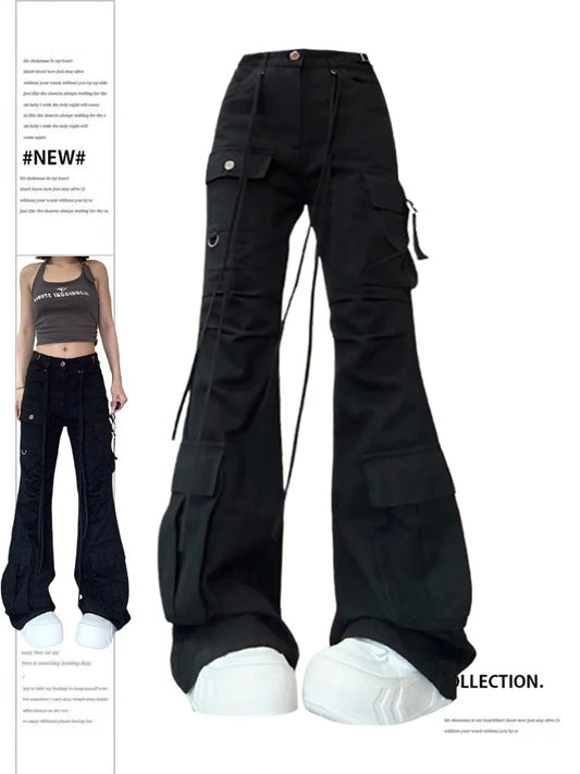 Women Black Gothic Flare Jeans Harajuku Vintage Emo Y2k Baggy Denim Trousers Oversize Wide Cowboy Pants 90s Trashy Clothes