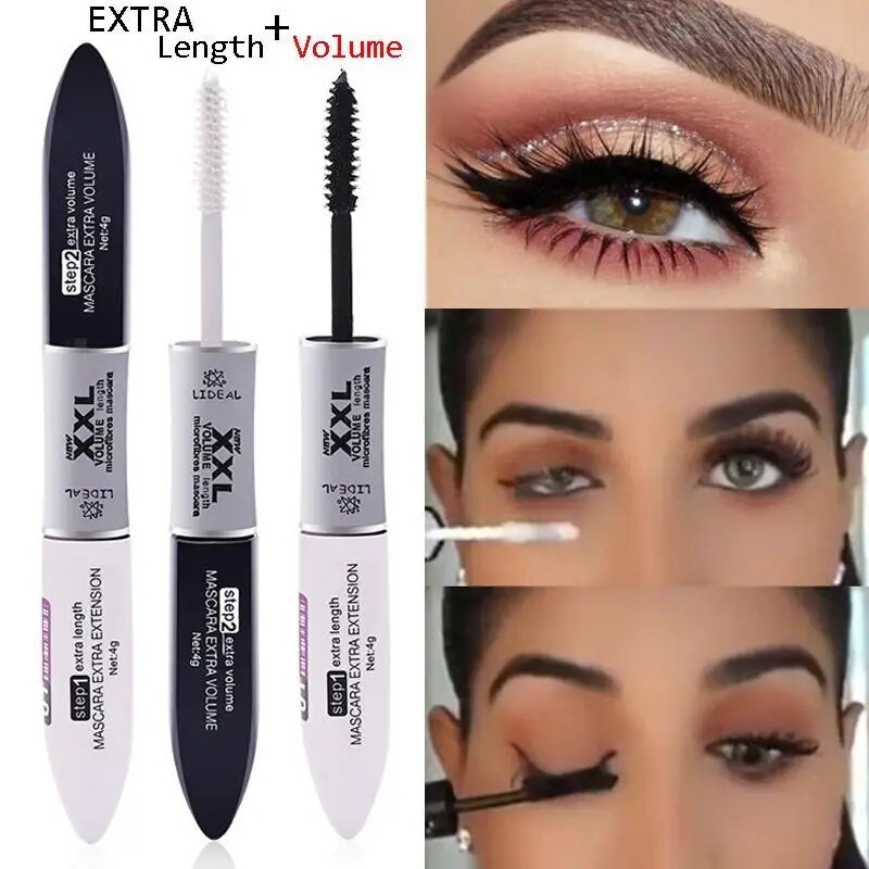 2 IN 1 Black Mascara Waterproof Silk Fiber Volume Double Effect Long Lasting Curling Eyes Makeup