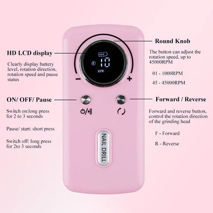 45000RPM Professional Rechargeable Electric Nail Drill Machine Portable Cordless Nail File For Acrylic Gel Nails Remove