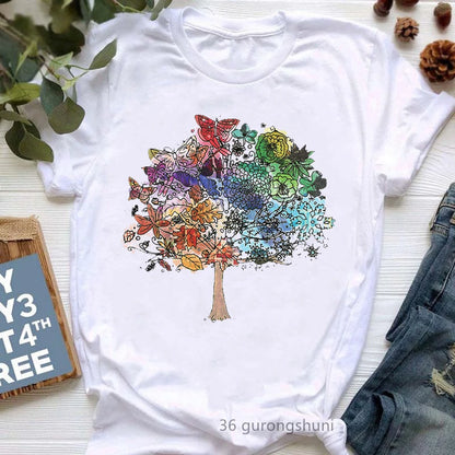 Rainbow Tree Print Tshirt Women Buddha Chakra Meditation T Shirt Femme Breathe Symbols Yoga T-Shirt Female Harajuku Shirt