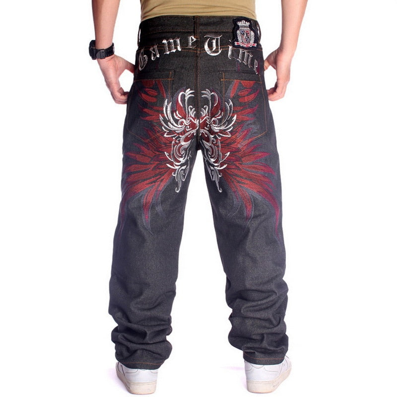 Mens Jeans Top Rushed Stripe Loose Hip Hop Jeans Men Printed Hiphop Demin Pants Tide Trousers Embroidered Flower Wings