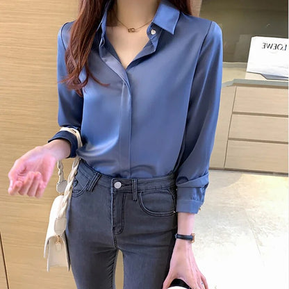 Silk Shirts Women Long Sleeve Shirts Blouses for Women Satin Clothing Office Lady Solid Silk Shirt Blouse Tops  17276