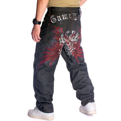 Mens Jeans Top Rushed Stripe Loose Hip Hop Jeans Men Printed Hiphop Demin Pants Tide Trousers Embroidered Flower Wings