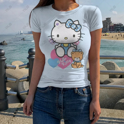 Y2k Crop T Shirts Hello Kitty Print Fashion Women Crop Top Harajuku Streetwear Slim Tshirt Summer Graphic Streetwear T-Shirt