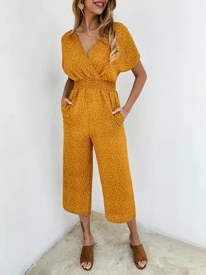 Lossky Women Jumpsuits Rompers Summer Casual Print V-neck Pocket Overalls Jumpsuit Short Sleeve Wide Leg Loose Jumpsuit