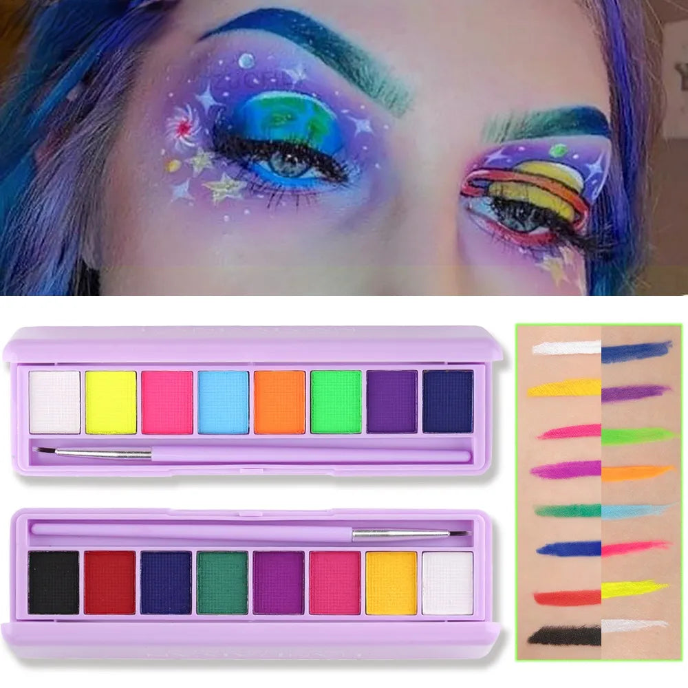 8/9Color/box Water Activated Eyeliner Eyeshadow Palette UV Light Neon Reactive Eyeliner Pen Glow In Dark Eye Makeup Pigment Blue