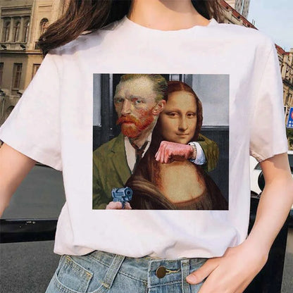 Van Gogh Cat Women T Shirt Art Oil Painting Lattice Print New Cute Female Casual T-shirt Harajuku Tshirt Funny Tops Tees Grunge