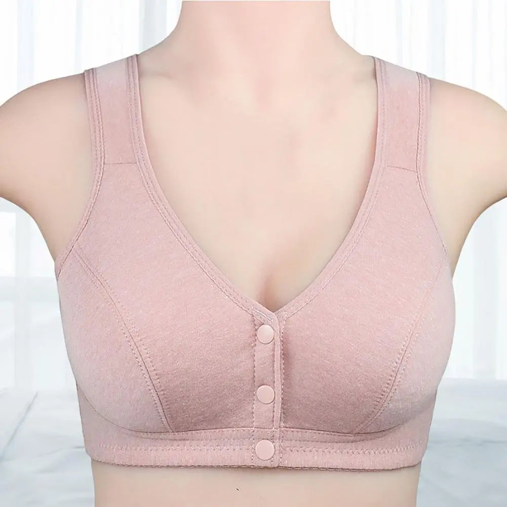 Comfortable Soft Bras Cotton Front-Close Bralette Wide Strap Buttons V Neck Padded Push Up Plus Size Middle Age Women Underwear