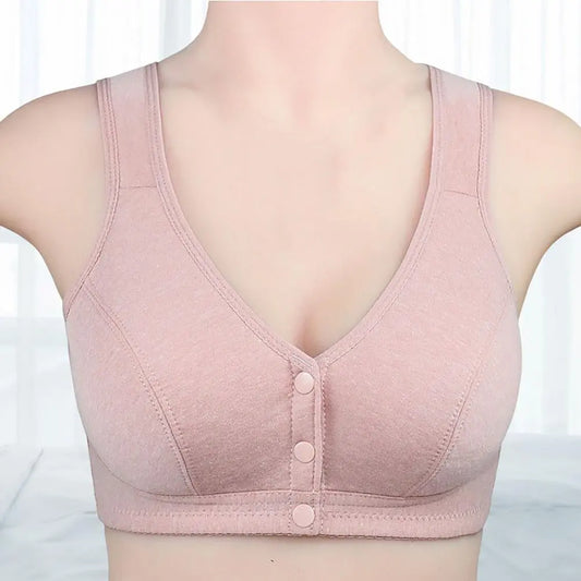 Comfortable Soft Bras Cotton Front-Close Bralette Wide Strap Buttons V Neck Padded Push Up Plus Size Middle Age Women Underwear