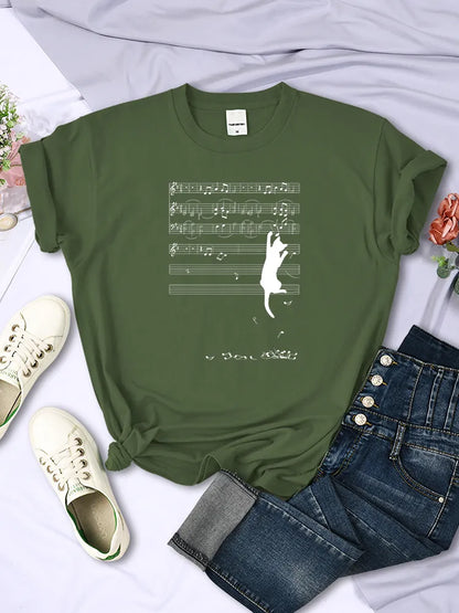 Cat Hanging On Music Stave Note Animal Printing Women Tee Clothes Crewneck T-Shirts Breathable Tshirt Soft Woman Tee Clothing