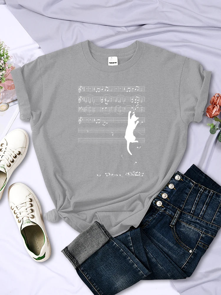 Cat Hanging On Music Stave Note Animal Printing Women Tee Clothes Crewneck T-Shirts Breathable Tshirt Soft Woman Tee Clothing