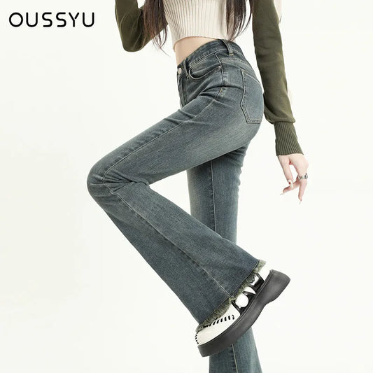 OUSSYU Summer Flared Jeans Women Cotton Vintage Blue Denim Pants Streetwear Elastic High Waist Slim Harajuku Trousers