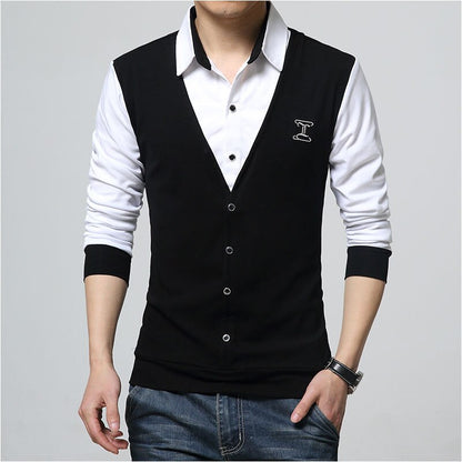 New Autumn Fashion Patch Design Men's Shirt T-shirt Fake Two Long Sleeve Turn-down Collar Cotton T Shirt for Men 5XL