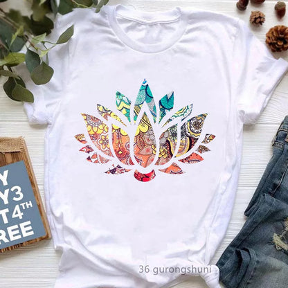 Rainbow Tree Print Tshirt Women Buddha Chakra Meditation T Shirt Femme Breathe Symbols Yoga T-Shirt Female Harajuku Shirt