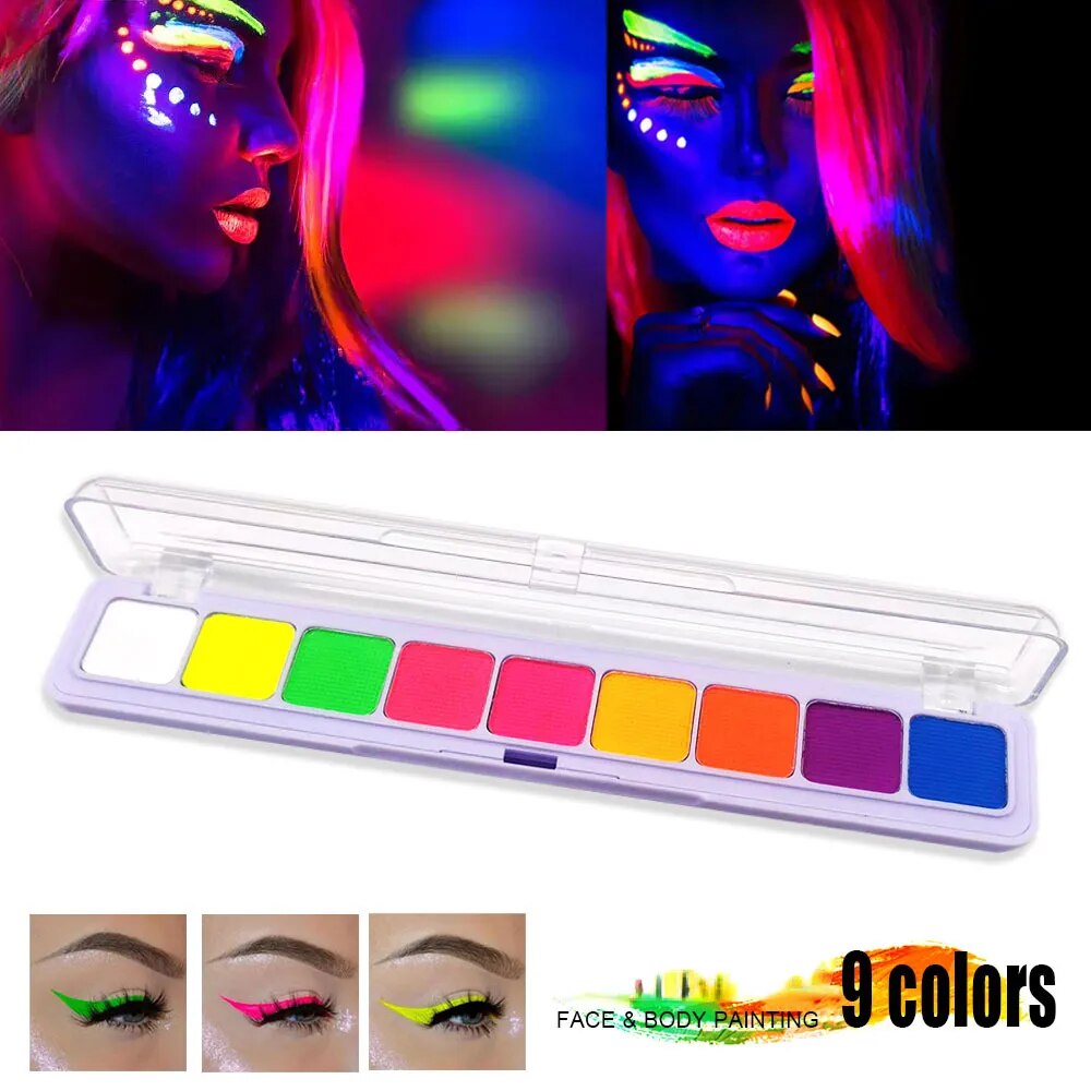 8/9Color/box Water Activated Eyeliner Eyeshadow Palette UV Light Neon Reactive Eyeliner Pen Glow In Dark Eye Makeup Pigment Blue