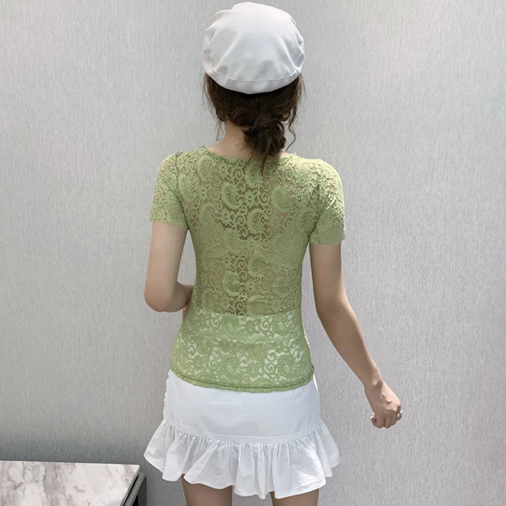 Blouse Women Persian Pattern Lace T Shirt Stretch Knitted Turtleneck Short Sleeve S-2XL Size Tops Fashion Female Blouses Shirt