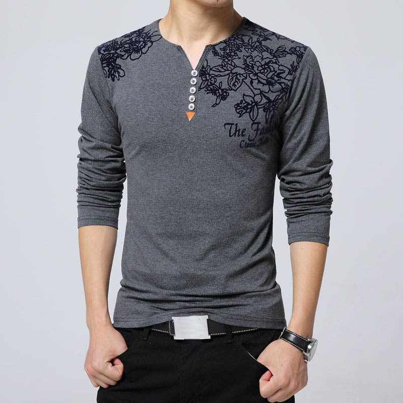 2023 Autumn Fashion Floral Print Men T-shirt Henry Collar Button Decorate Long Sleeve T-shirt for Men Tops Plus Size 5XL