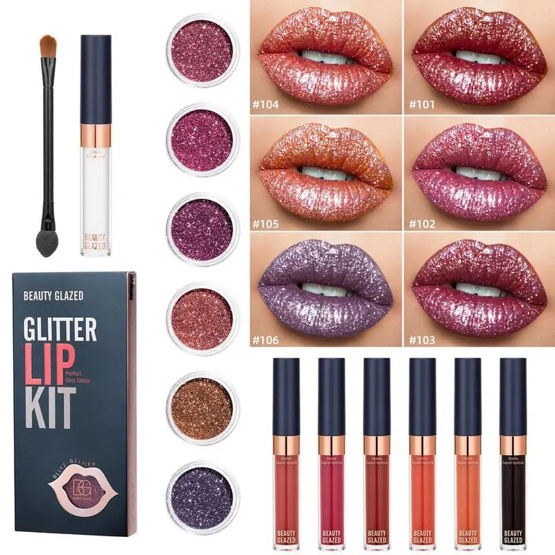 Glitter Lips Kit Smudg-Pproof Water-Proof Long-Lasting Sparkle Liquid Lipstick Set With Double End Lip Brush Lip Glitter Primer