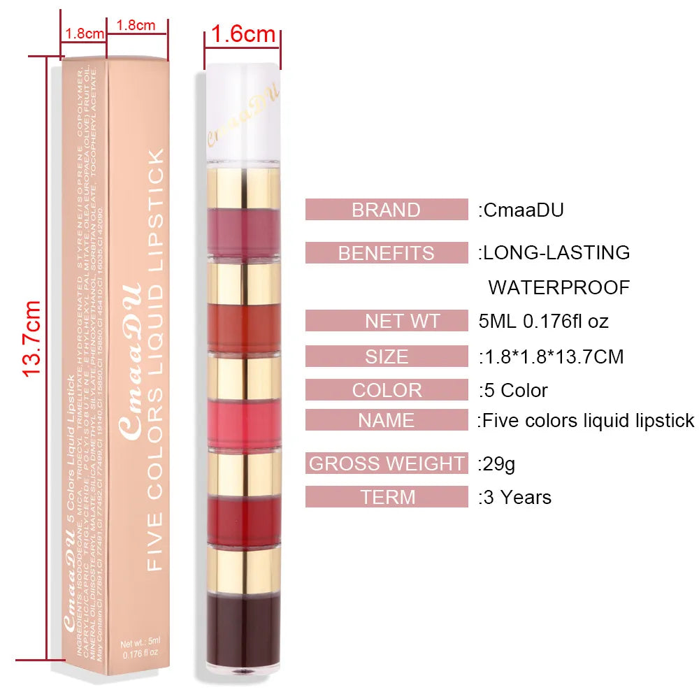 5 In 1 Non-stick Cup Lip Gloss Matte Lipstick Velvet Sexy Red Lip Tint Longlasting  Lip Oil Female Make Up Cosmetic Beauty Tools