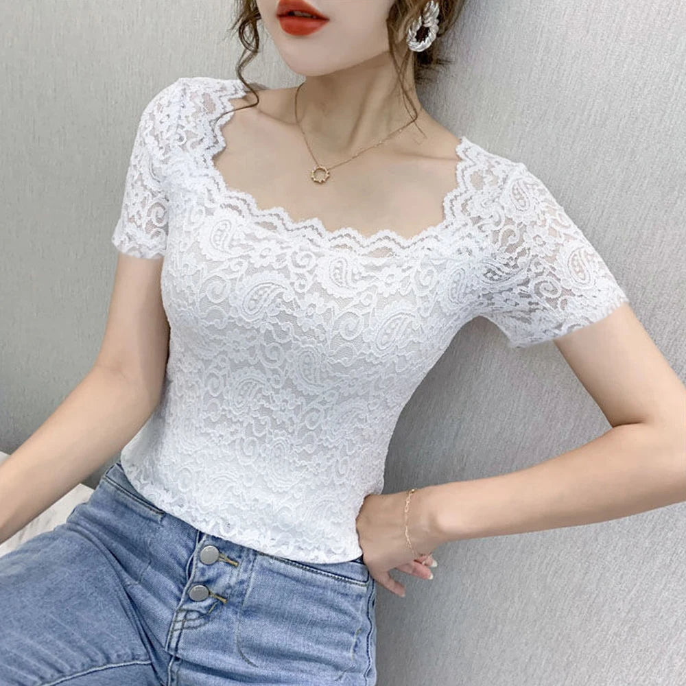 Blouse Women Persian Pattern Lace T Shirt Stretch Knitted Turtleneck Short Sleeve S-2XL Size Tops Fashion Female Blouses Shirt