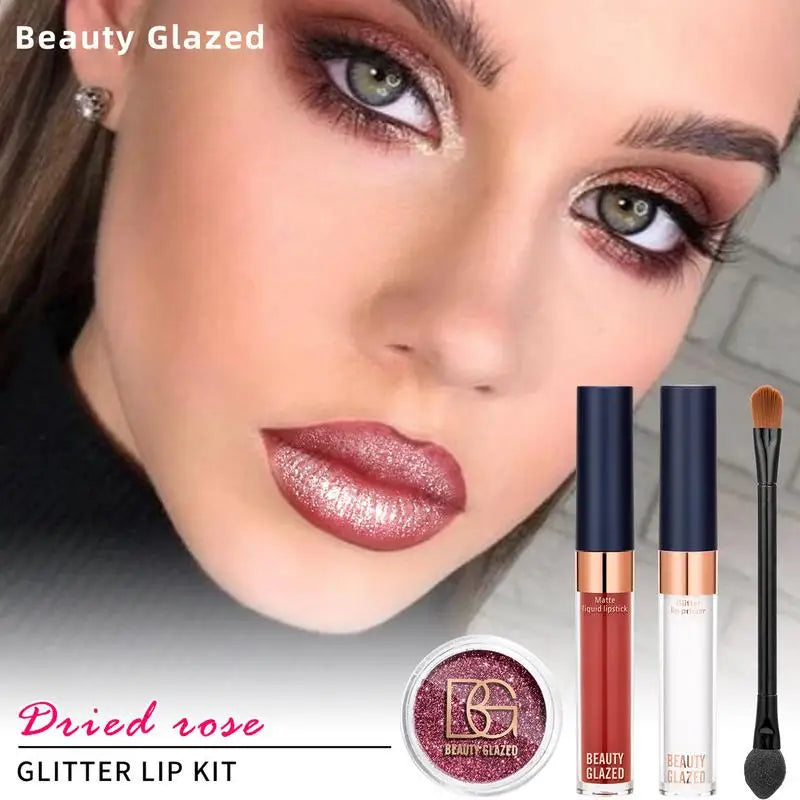 Glitter Lips Kit Smudg-Pproof Water-Proof Long-Lasting Sparkle Liquid Lipstick Set With Double End Lip Brush Lip Glitter Primer