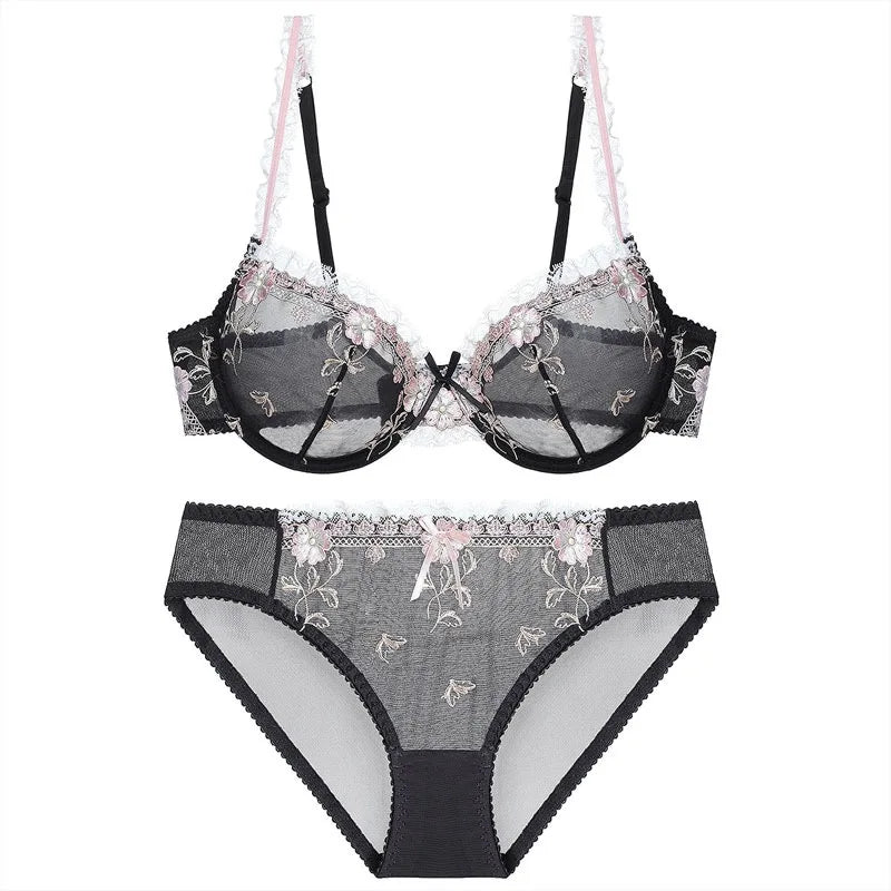 Exquisite embroidery lotus pink ultra-thin women's sexy transparent lace underwear bra set