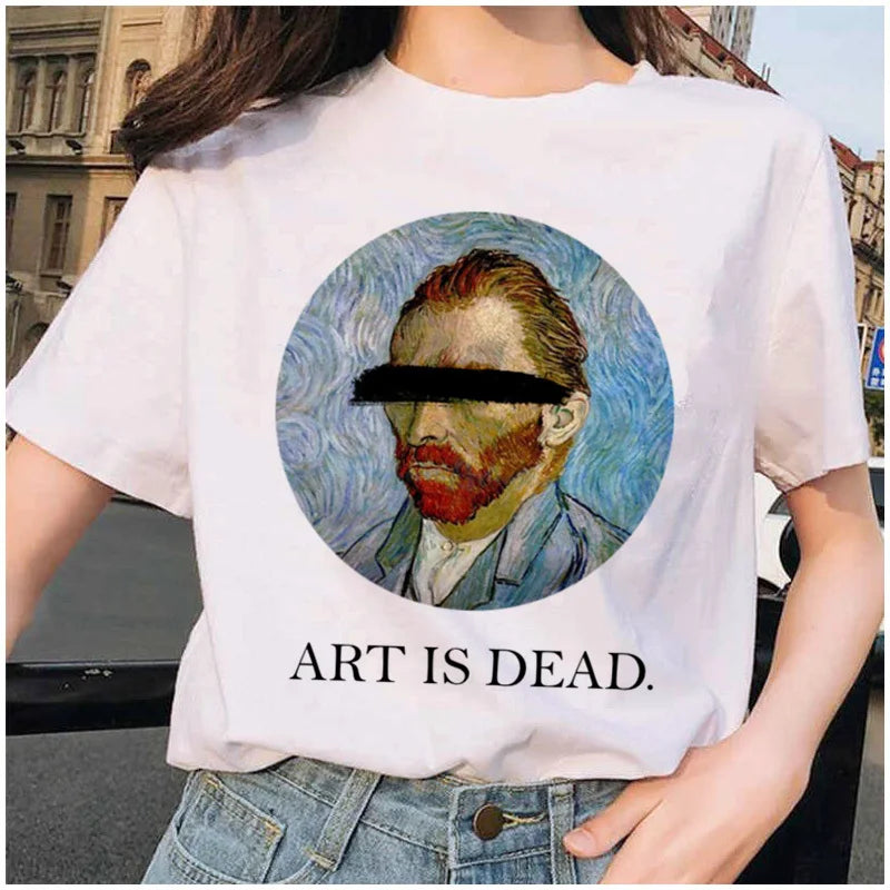 Van Gogh Cat Women T Shirt Art Oil Painting Lattice Print New Cute Female Casual T-shirt Harajuku Tshirt Funny Tops Tees Grunge