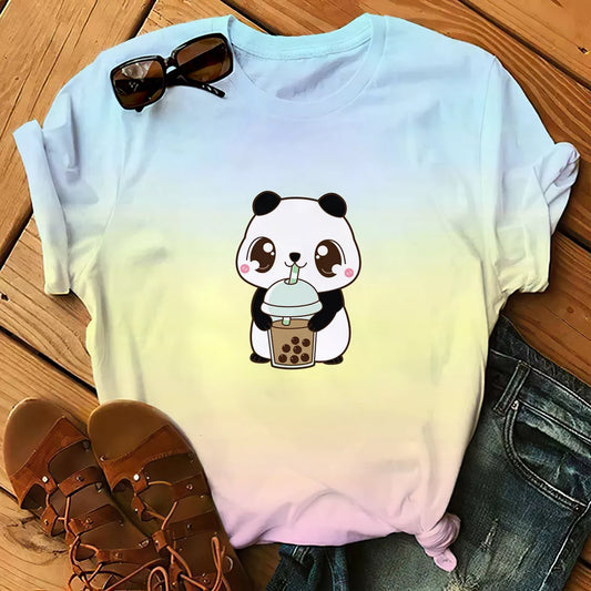 Cute Panda Bear T Shirt Cartoon Print Tshirts Cotton Short Sleeve High Quality Womens Tees Kawaii Tops Oversized Famale Clothing